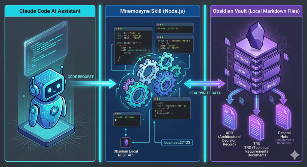 Mnemosyne architecture showing how to give AI context across sessions using Claude Code, Mnemosyne Skill, and Obsidian Vault